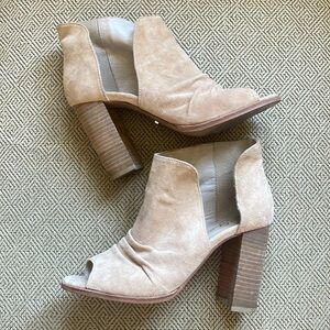 Tan Suede Peep Toe Bootie, 7.5